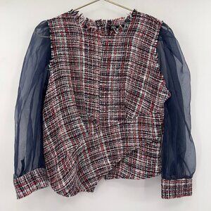 ZARA Tweed Plaid Top with Navy Sheer Chiffon Sleeves Size L